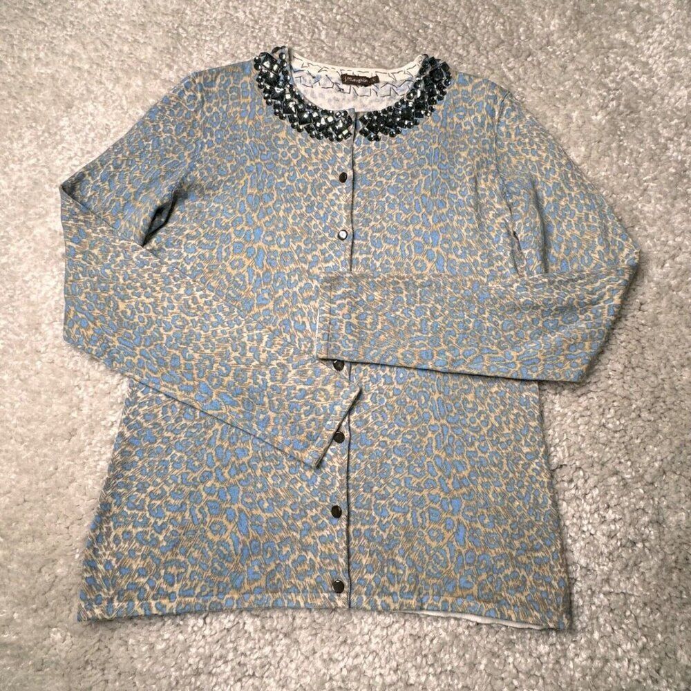 J McLaughlin Leopard Print Cardigan Sweater Embellished Jewel Neck